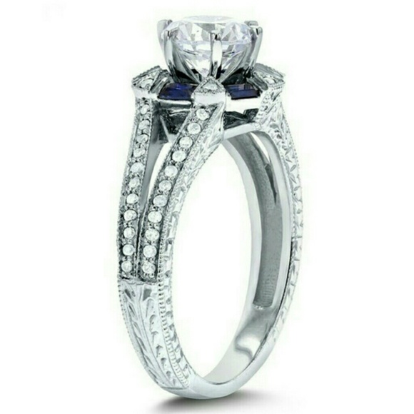 Art Deco 14K plated sterling  White Gold Sapphire moissanite ring … - Picture 4 of 6